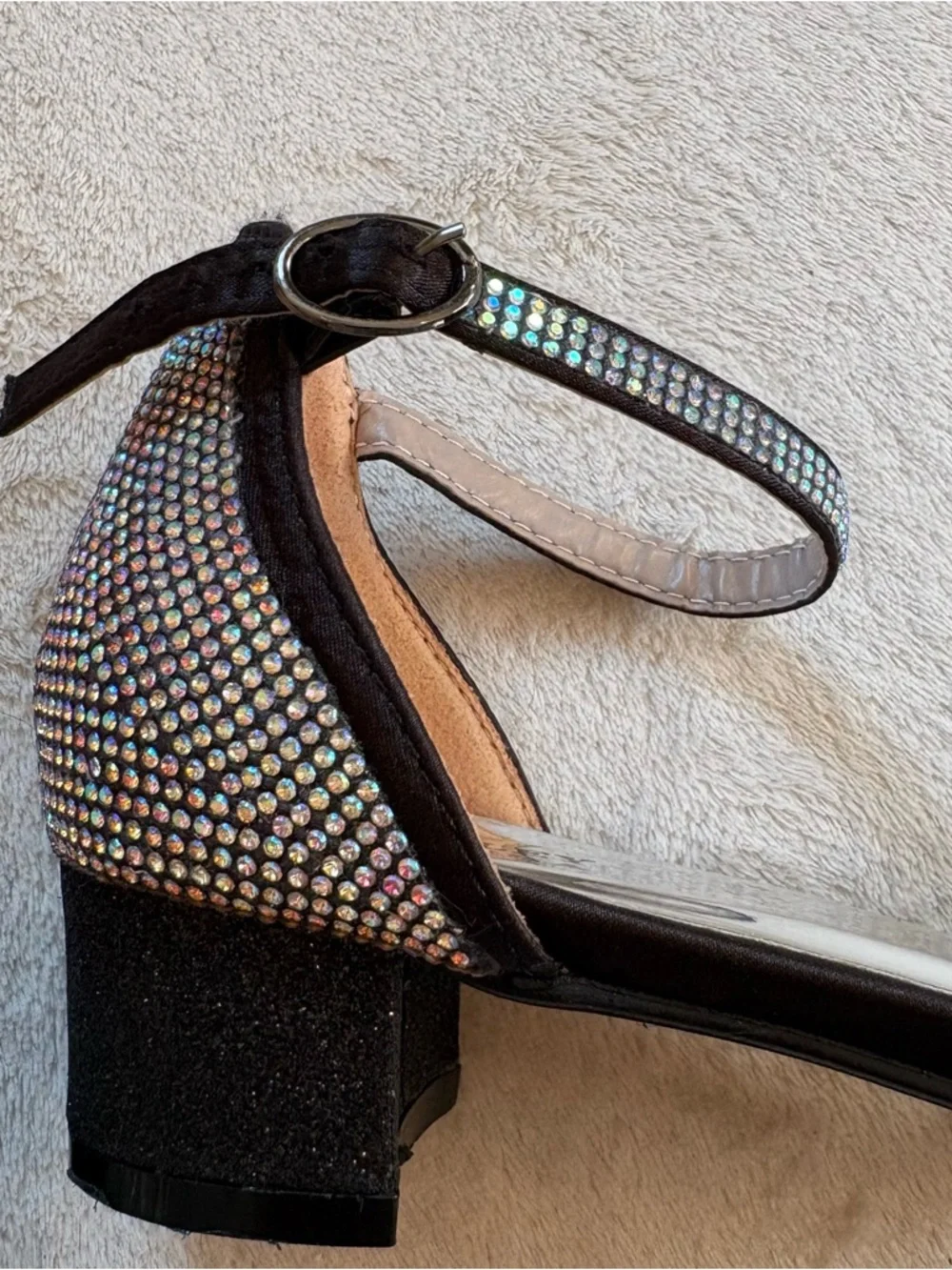 Badgley Mischka Girl’s Iridescent Crystal Ankle-Strap Block Heel Sz 3